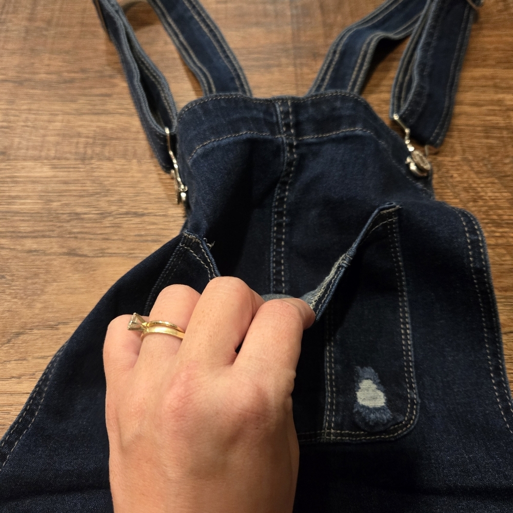 Denim Overalls Jeans Distressed Raw Hem Bootcut Dark Wash Cotton Stretch Farm S - Picture 11 of 13